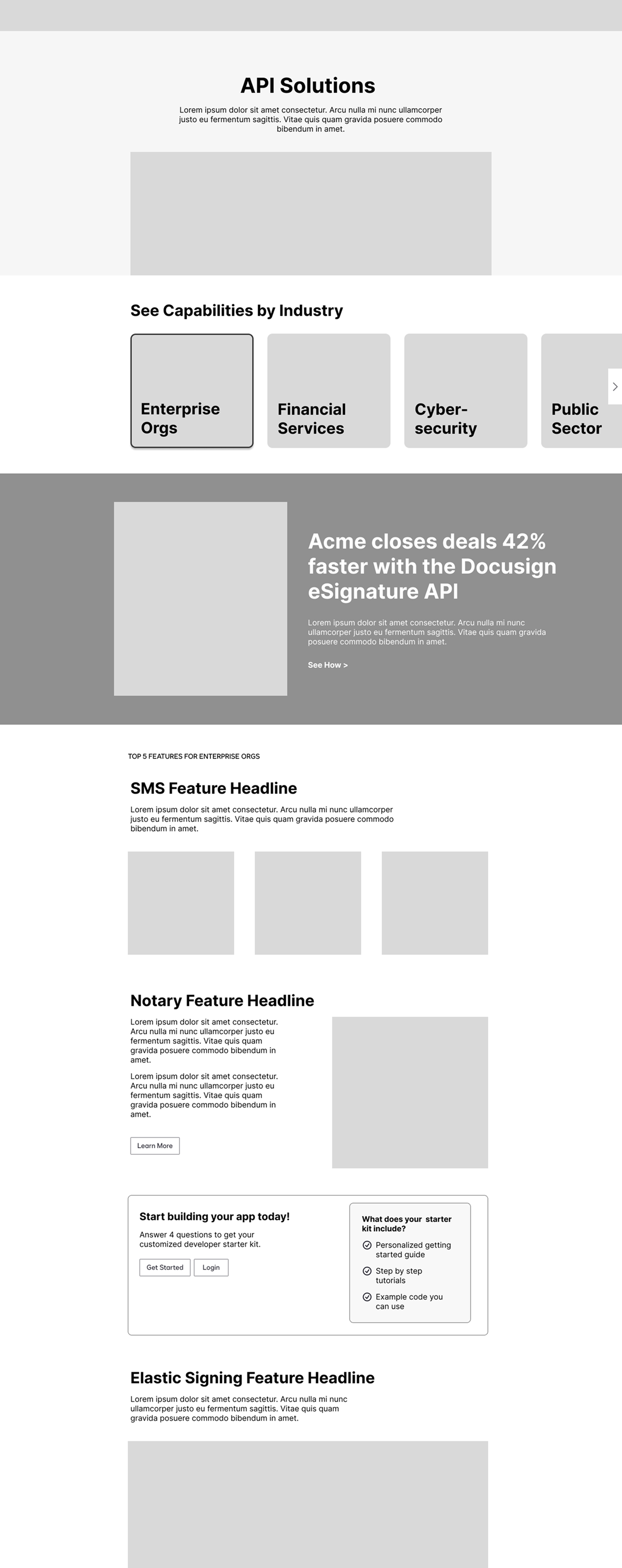 Developer landing page wireframe