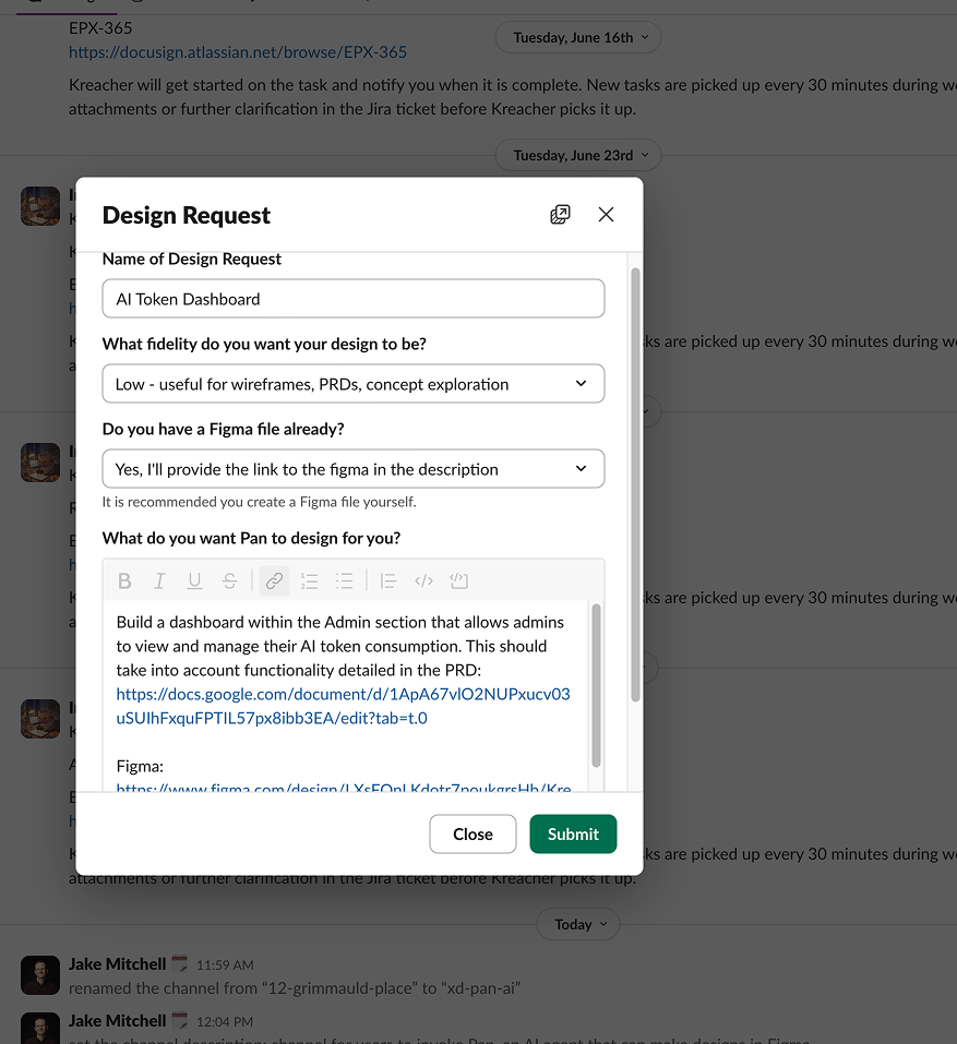 Slack Design Request form for Pan